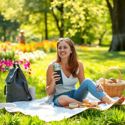 A 32-year-old woman enjoying a picnic in a beautiful park setting