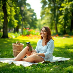 A 32-year-old woman enjoying a picnic in a beautiful park setting