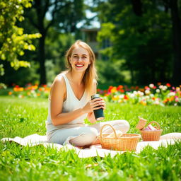 A 32-year-old woman enjoying a picnic in a beautiful park setting