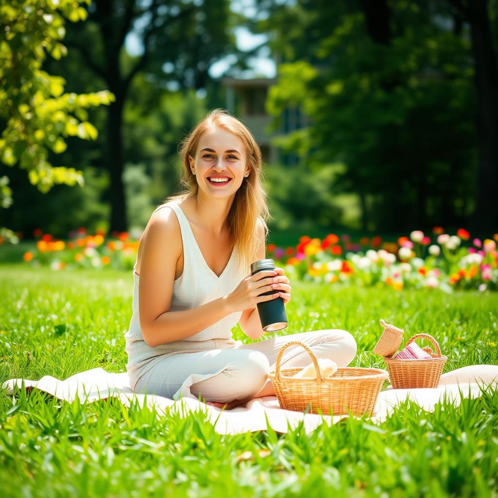 A 32-year-old woman enjoying a picnic in a beautiful park setting