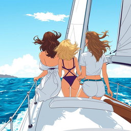 Trois femmes sur un voilier en croisière, illustrées de dos