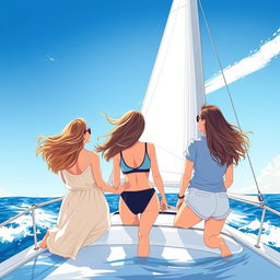 Trois femmes sur un voilier en croisière, illustrées de dos