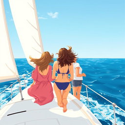 Trois femmes sur un voilier en croisière, illustrées de dos