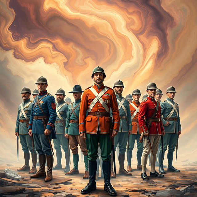 A captivating image featuring 20 male soldiers depicted in an artistic illusion style