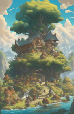 A high-quality digital art image of Valhalla, the Norse hall of the fallen warriors, reimagined in the charming, whimsical style of Studio Ghibli