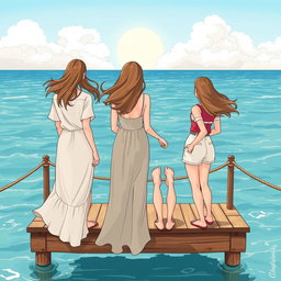 Trois femmes illustrées de dos, debout sur un ponton au bord de la mer