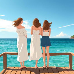 Trois femmes illustrées de dos, debout sur un ponton au bord de la mer