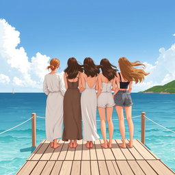 Trois femmes illustrées de dos, debout sur un ponton au bord de la mer