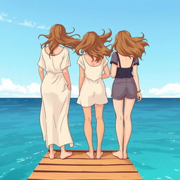 Trois femmes illustrées de dos, debout sur un ponton au bord de la mer