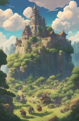 A high-quality digital art image of Valhalla, the Norse hall of the fallen warriors, reimagined in the charming, whimsical style of Studio Ghibli