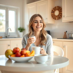 A 25-year-old woman enjoying a delightful breakfast in a bright, inviting kitchen