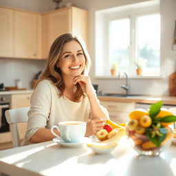 A 25-year-old woman enjoying a delightful breakfast in a bright, inviting kitchen