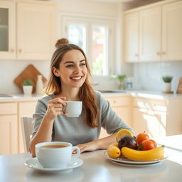 A 25-year-old woman enjoying a delightful breakfast in a bright, inviting kitchen