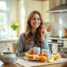 A 25-year-old woman enjoying a delightful breakfast in a bright, inviting kitchen