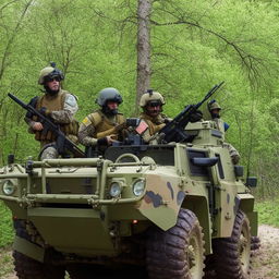 5 combatants in military fatigue, armed with assault rifles, missile launcher and radio in a rugged terrain vehicle