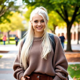 A 21-year-old woman with long white hair styled in a ponytail and striking purple eyes, wearing a cozy oversized sweater in a college setting