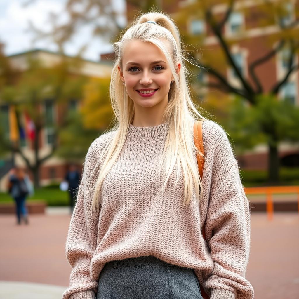 A 21-year-old woman with long white hair styled in a ponytail and striking purple eyes, wearing a cozy oversized sweater in a college setting