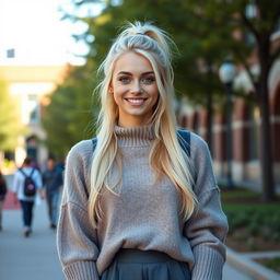 A 21-year-old woman with long white hair styled in a ponytail and striking purple eyes, wearing a cozy oversized sweater in a college setting