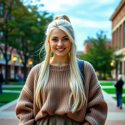 A 21-year-old woman with long white hair styled in a ponytail and striking purple eyes, wearing a cozy oversized sweater in a college setting