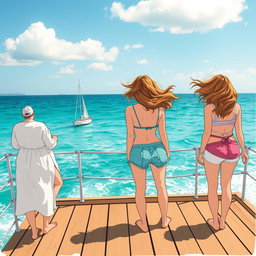 Trois femmes illustrées de dos, debout sur un ponton en bois au bord de la mer, avec un voilier en arrière-plan