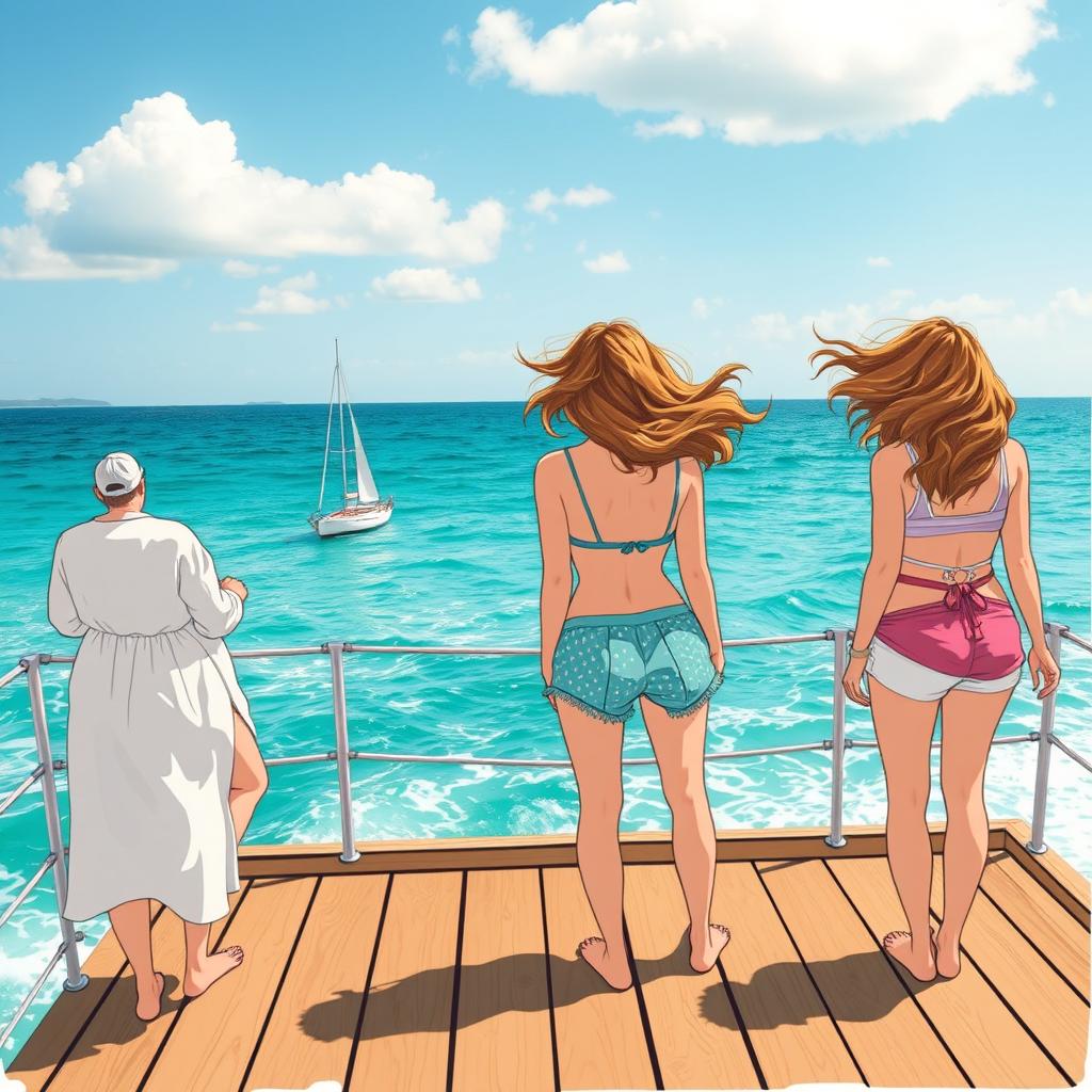 Trois femmes illustrées de dos, debout sur un ponton en bois au bord de la mer, avec un voilier en arrière-plan