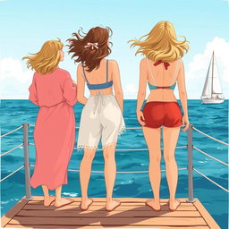 Trois femmes illustrées de dos, debout sur un ponton en bois au bord de la mer, avec un voilier en arrière-plan