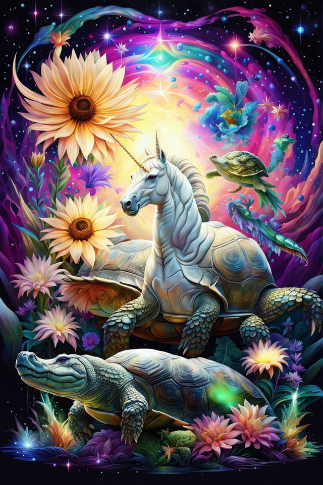 A high-quality digital art image depicting a majestic unicorn, a wise tortoise, and a strong crocodile, with a radiant sunflower above them against a galaxy backdrop