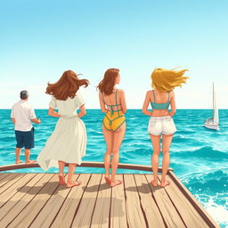 Trois femmes illustrées de dos, debout sur un ponton en bois au bord de la mer, avec un voilier en arrière-plan