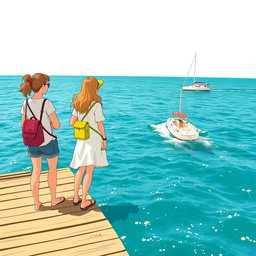 Trois femmes illustrées de dos, portant des sacs à dos, debout sur un ponton en bois au bord de la mer