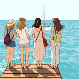Trois femmes illustrées de dos, portant des sacs à dos, debout sur un ponton en bois au bord de la mer