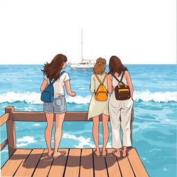 Trois femmes illustrées de dos, portant des sacs à dos, debout sur un ponton en bois au bord de la mer