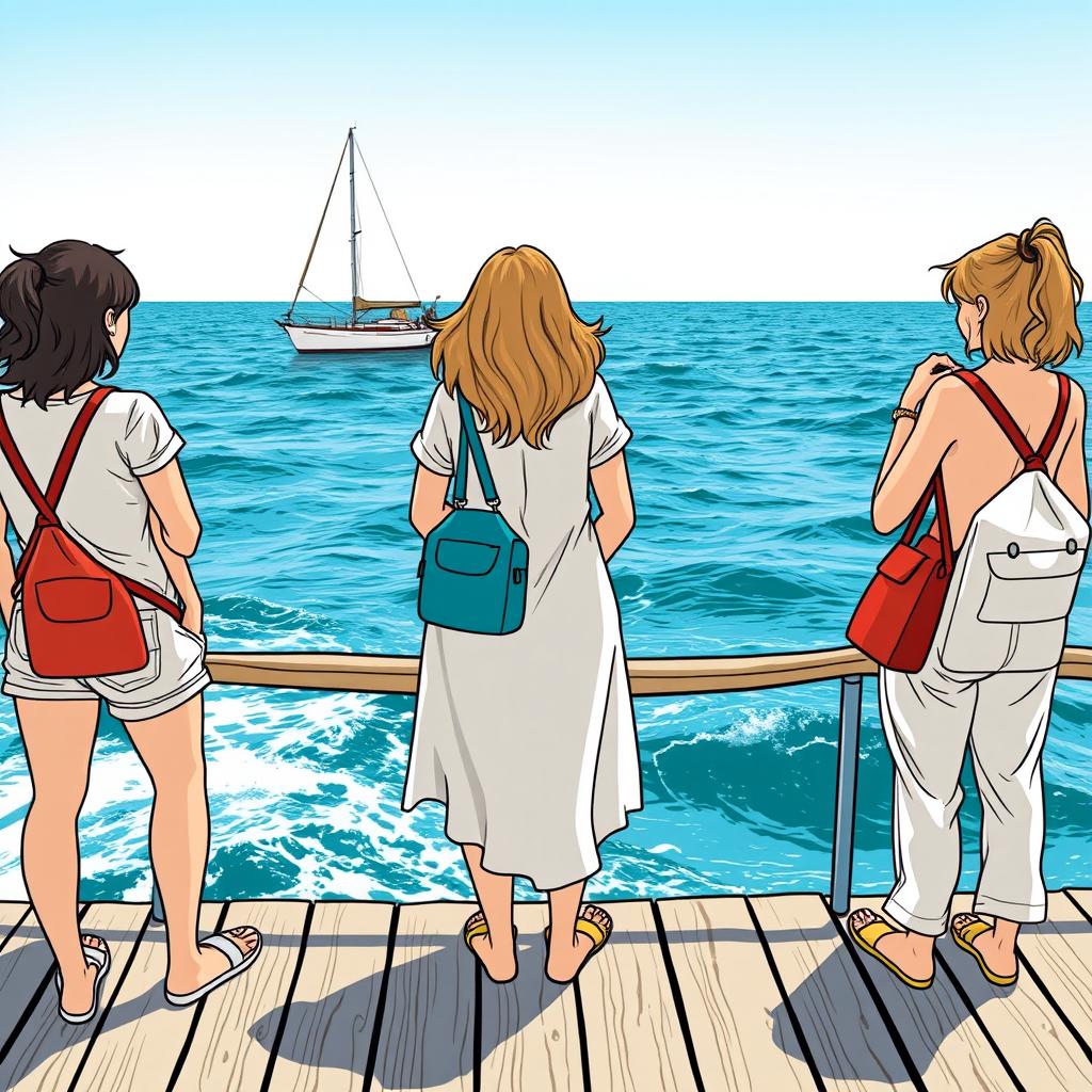 Trois femmes illustrées de dos, portant des sacs à dos, debout sur un ponton en bois au bord de la mer