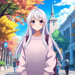 A 21-year-old anime woman with long, flowing white hair and captivating purple eyes, wearing a cozy oversized sweater, standing on a bustling college campus
