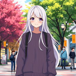A 21-year-old anime woman with long, flowing white hair and captivating purple eyes, wearing a cozy oversized sweater, standing on a bustling college campus