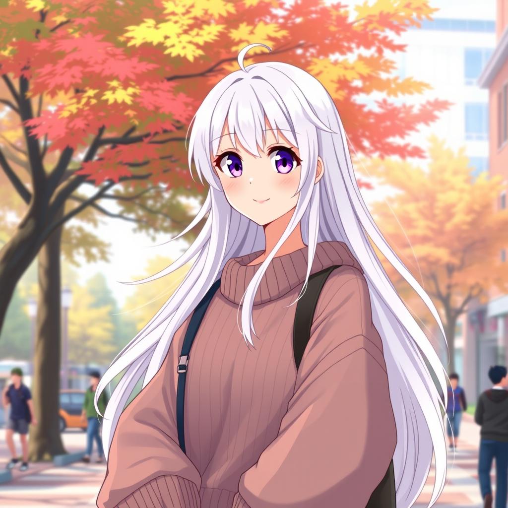 A 21-year-old anime woman with long, flowing white hair and captivating purple eyes, wearing a cozy oversized sweater, standing on a bustling college campus