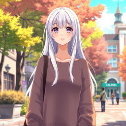 A 21-year-old anime woman with long, flowing white hair and captivating purple eyes, wearing a cozy oversized sweater, standing on a bustling college campus
