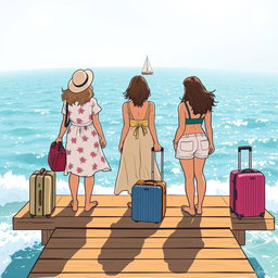 Trois femmes illustrées de dos, debout sur un ponton en bois au bord de la mer, avec une valise à roulettes à leurs côtés