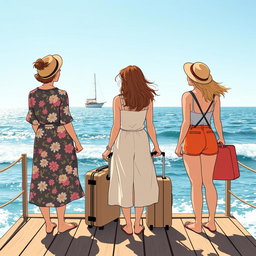 Trois femmes illustrées de dos, debout sur un ponton en bois au bord de la mer, avec une valise à roulettes à leurs côtés