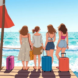 Trois femmes illustrées de dos, debout sur un ponton en bois au bord de la mer, avec une valise à roulettes à leurs côtés