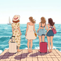 Trois femmes illustrées de dos, debout sur un ponton en bois au bord de la mer, avec une valise à roulettes à leurs côtés