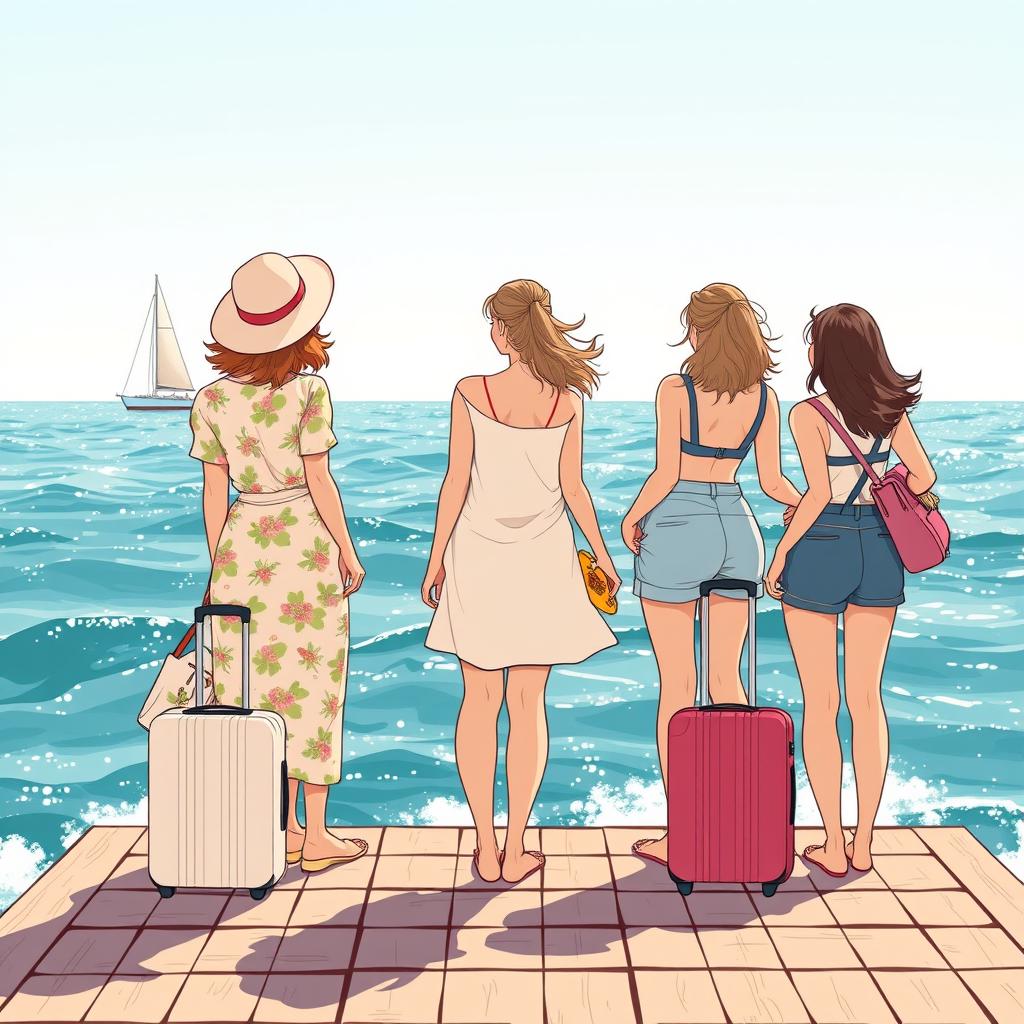 Trois femmes illustrées de dos, debout sur un ponton en bois au bord de la mer, avec une valise à roulettes à leurs côtés