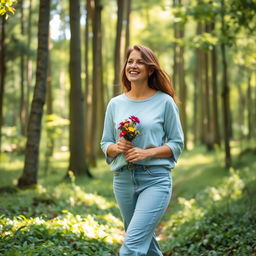 A 37-year-old woman walking gracefully in a serene forest, surrounded by tall trees and dappled sunlight filtering through the leaves