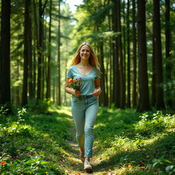 A 37-year-old woman walking gracefully in a serene forest, surrounded by tall trees and dappled sunlight filtering through the leaves