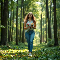 A 37-year-old woman walking gracefully in a serene forest, surrounded by tall trees and dappled sunlight filtering through the leaves