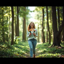 A 37-year-old woman walking gracefully in a serene forest, surrounded by tall trees and dappled sunlight filtering through the leaves
