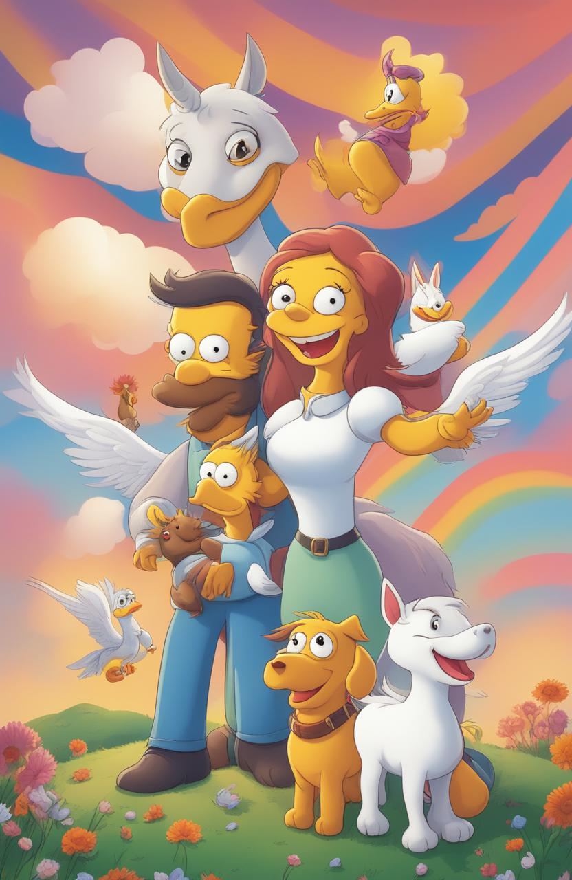 A high-quality cartoon-style digital art image featuring a happy family with their pets - a dog, a cat, a chicken, and a duck