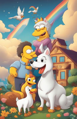 A high-quality cartoon-style digital art image featuring a happy family with their pets - a dog, a cat, a chicken, and a duck