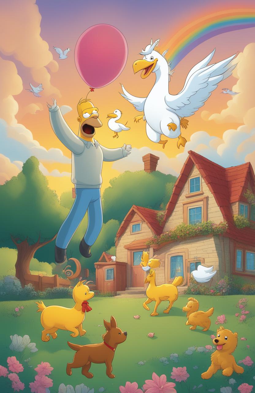 A high-quality cartoon-style digital art image featuring a happy family with their pets - a dog, a cat, a chicken, and a duck