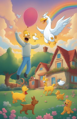 A high-quality cartoon-style digital art image featuring a happy family with their pets - a dog, a cat, a chicken, and a duck