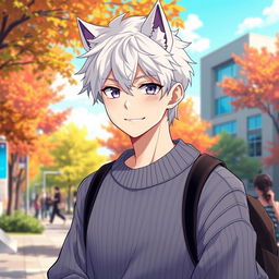 A 21-year-old anime ikemen with stylish white hair in a wolf cut, featuring striking purple eyes, wearing a trendy oversized sweater at a college campus